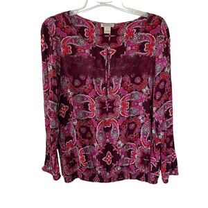 Lucky Brand Size XL Paisley Burgundy top blouse Pintuck